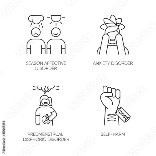 Mental disorder linear icons set. Anxiety. Predmenstrual dysphoria. Self-harm. Season affective disorder. Thin line contour symbols. Isolated vector outline illustrations. Editable stroke
