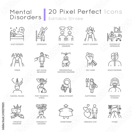 Mental disorder linear icons set. Depression and anxiety. Self-harm, suicide. Postpartum stress. Phobia. PTSD, PMS. Thin line contour symbols. Isolated vector outline illustrations. Editable stroke