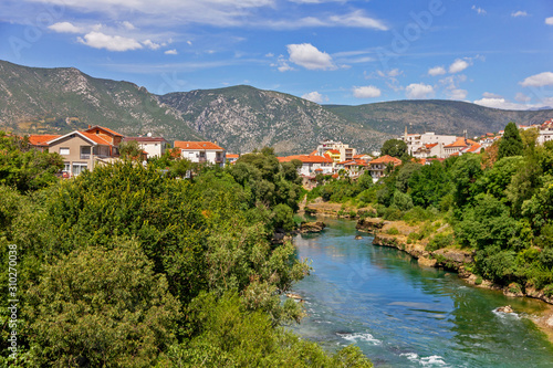 Bosnia and Herzegovina, Mostar town panoramic river view.