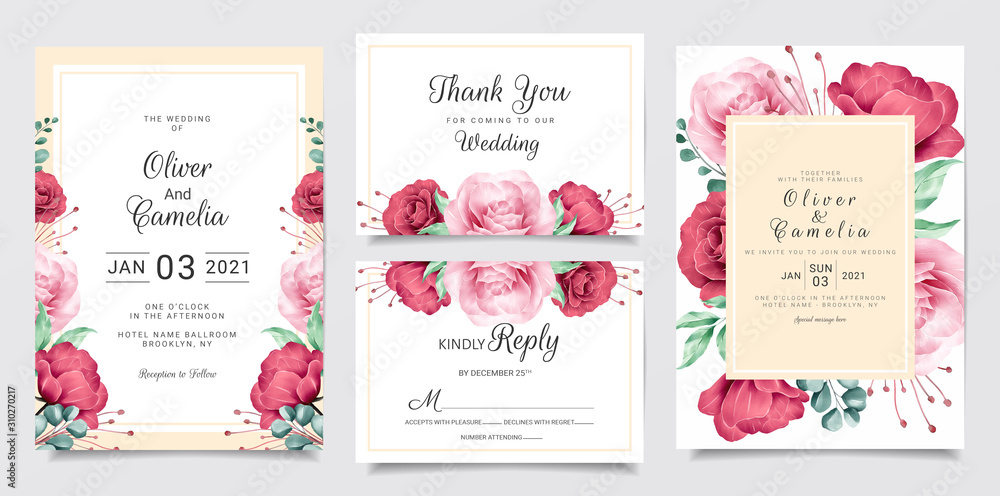 Wedding invitation card template set with watercolor flowers frame and border. Botanic and leaves illustration for background, save the date, invitation, greeting card, etc