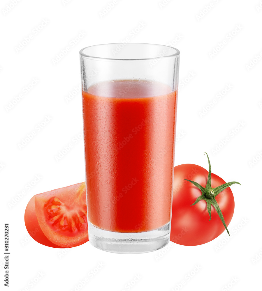 Glass of fresh healthy red juice with tomatoes isolated on white background, with clipping path Glass of fresh healthy red juice with tomatoes isolated on white background, with clipping path