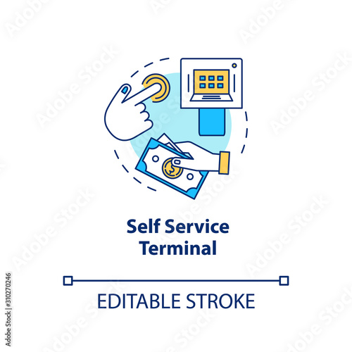 Self Service Terminal concept icon. Customer-operated checkout idea thin line illustration. Payment system. Shopping checkout. Electronic transaction. Vector isolated outline drawing. Editable stroke
