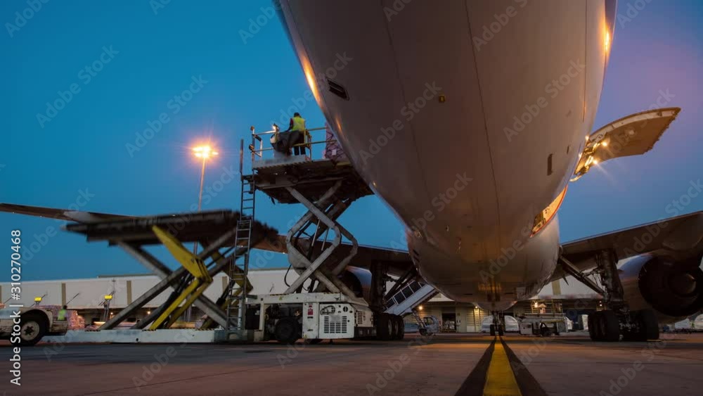 Business of air cargo freighter with import and export at twilight sky - Time lapse Business of air cargo freighter with import and export at twilight sky - Time lapse