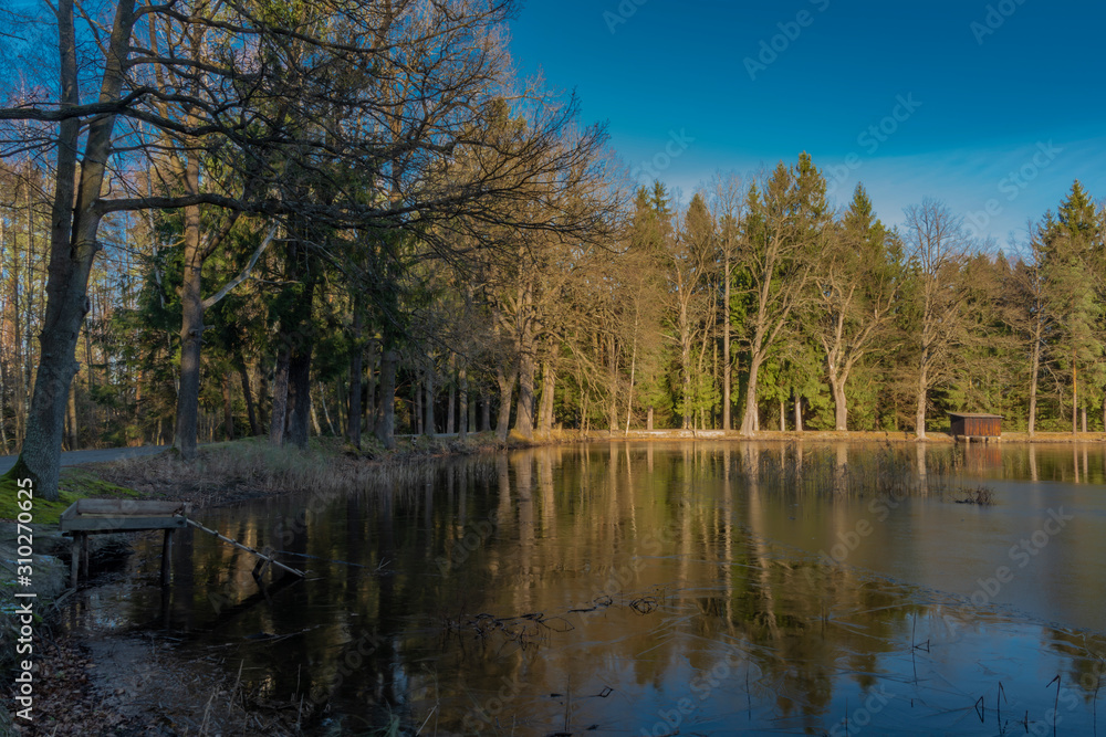 Rouda and Olesnicky novy pond in sunset time in winter evening