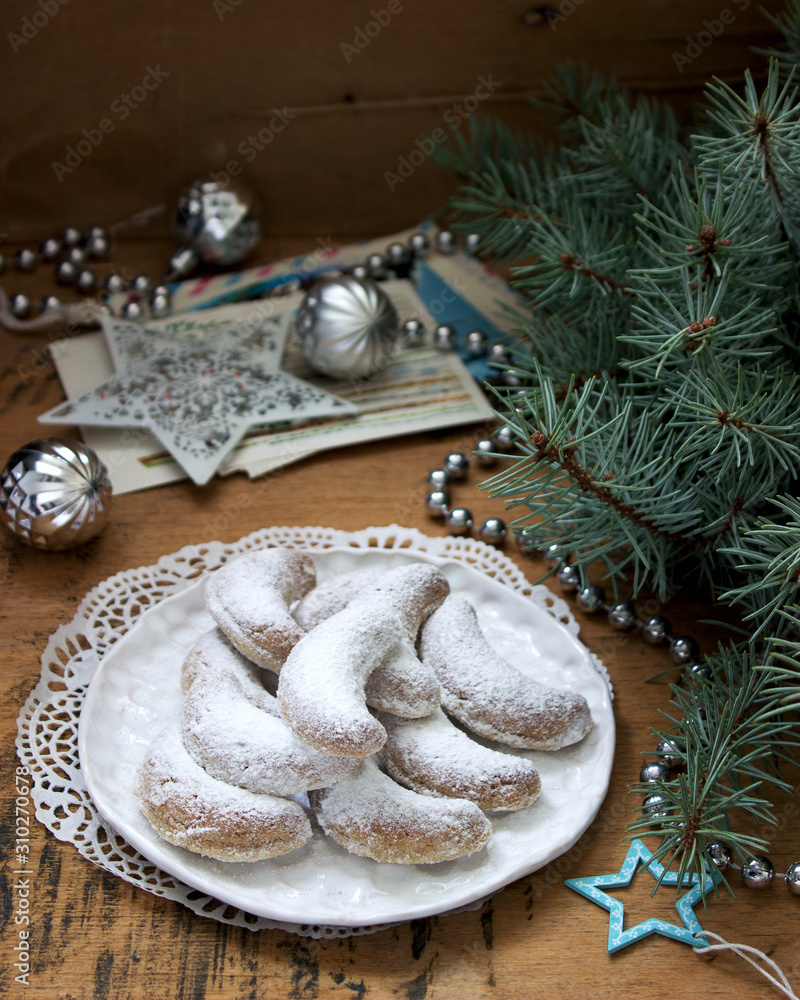 Vanilkipferl - vanilla crescents, traditional Christmas cookies in Germany, Austria, Czech Republic. Homemade cookies.