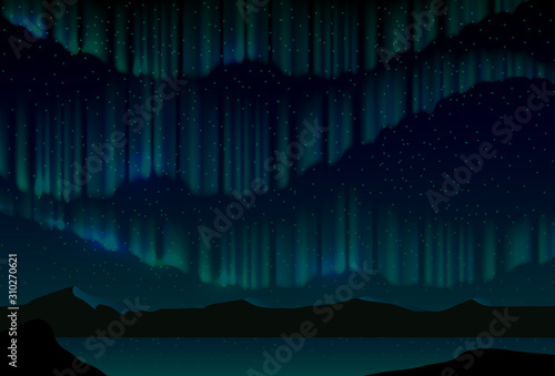 Aurora abstract background. Aurora blue sky and a lot of star in form of milky way, astronomy background, Vector illustration. Aurora Borealis northern lights in night sky over mountain