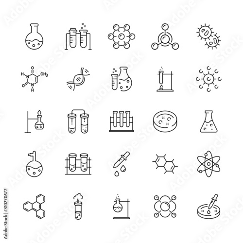 Laboratory chemistry thin line icon set. Vector science and scientific related equipment outline signs, biology chemical research collection, lab and experiment icons