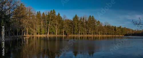 Rouda and Olesnicky novy pond in sunset time in winter evening