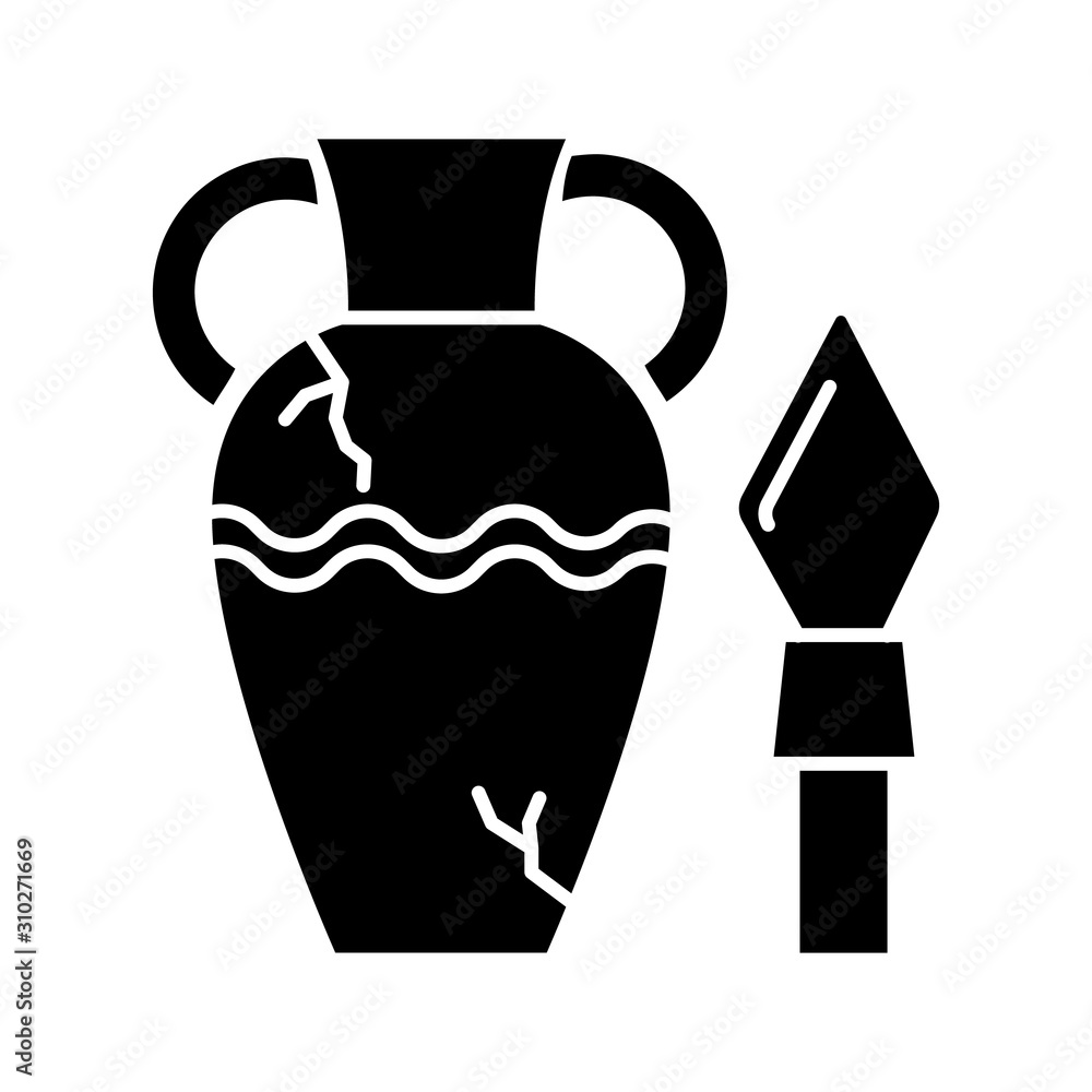 Ancient artifacts glyph icon. Greek amphora. Roman spear. Old culture. Historical discovery. Cracked clay vase. Spartan weapon. Silhouette symbol. Negative space. Vector isolated illustration