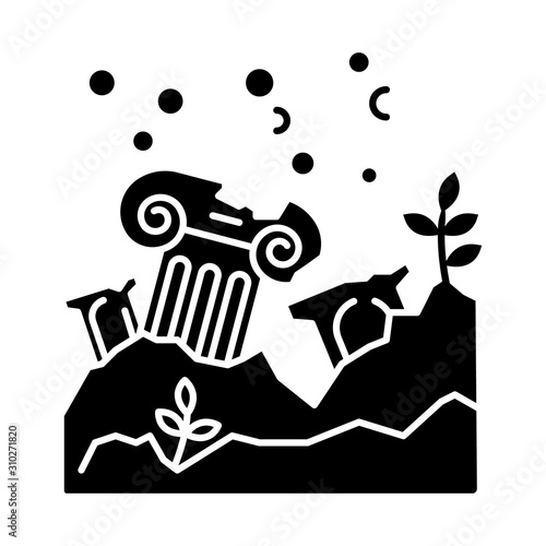 Lost city glyph icon. Ancient ruins in ocean. Columns underwater. Damaged pillar on sea bottom. Broken temple. Archeological discovery. Silhouette symbol. Negative space. Vector isolated illustration