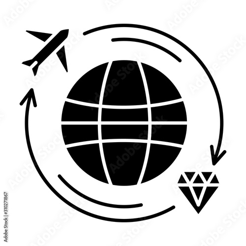 Treasure hunt glyph icon. Worldwide search for ancient artifacts. Travel to explore. Acquiaring diamond. Flight on plane. Repatriation. Silhouette symbol. Negative space. Vector isolated illustration