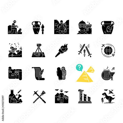 Archeology glyph icons set. Researcher on excavation. Ancient artifacts. Prehistoric life. Lost cities. Culture. Field research. Restoration. Flambeau. Silhouette symbols. Vector isolated illustration