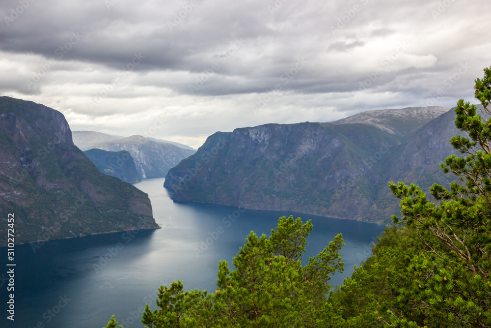 view of the Aurlandsfjord from the Stegastein viewpoint in the mountains of Norway