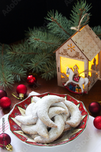 Vanilkipferl - vanilla crescents, traditional Christmas cookies in Germany, Austria, Czech Republic. Homemade cookies. photo