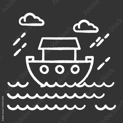 The Flood Bible story chalk icon. Noah Ark. Sacred ship in worldwide water. Religious legend. Christian religion, holy book scene plot. Biblical narrative. Isolated vector chalkboard illustration