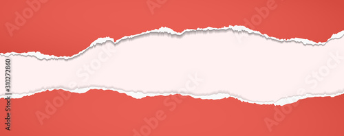 Torn, ripped pieces of horizontal bright red paper with soft shadow, background for text. Vector illustration