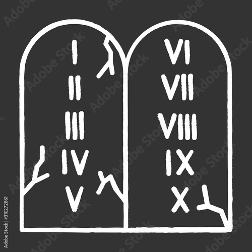 Ten Commandments Bible story chalk icon. Biblical laws written on stone tablets. Religious legend. Christian religion, holy book narrative, sacred scene. Isolated vector chalkboard illustration
