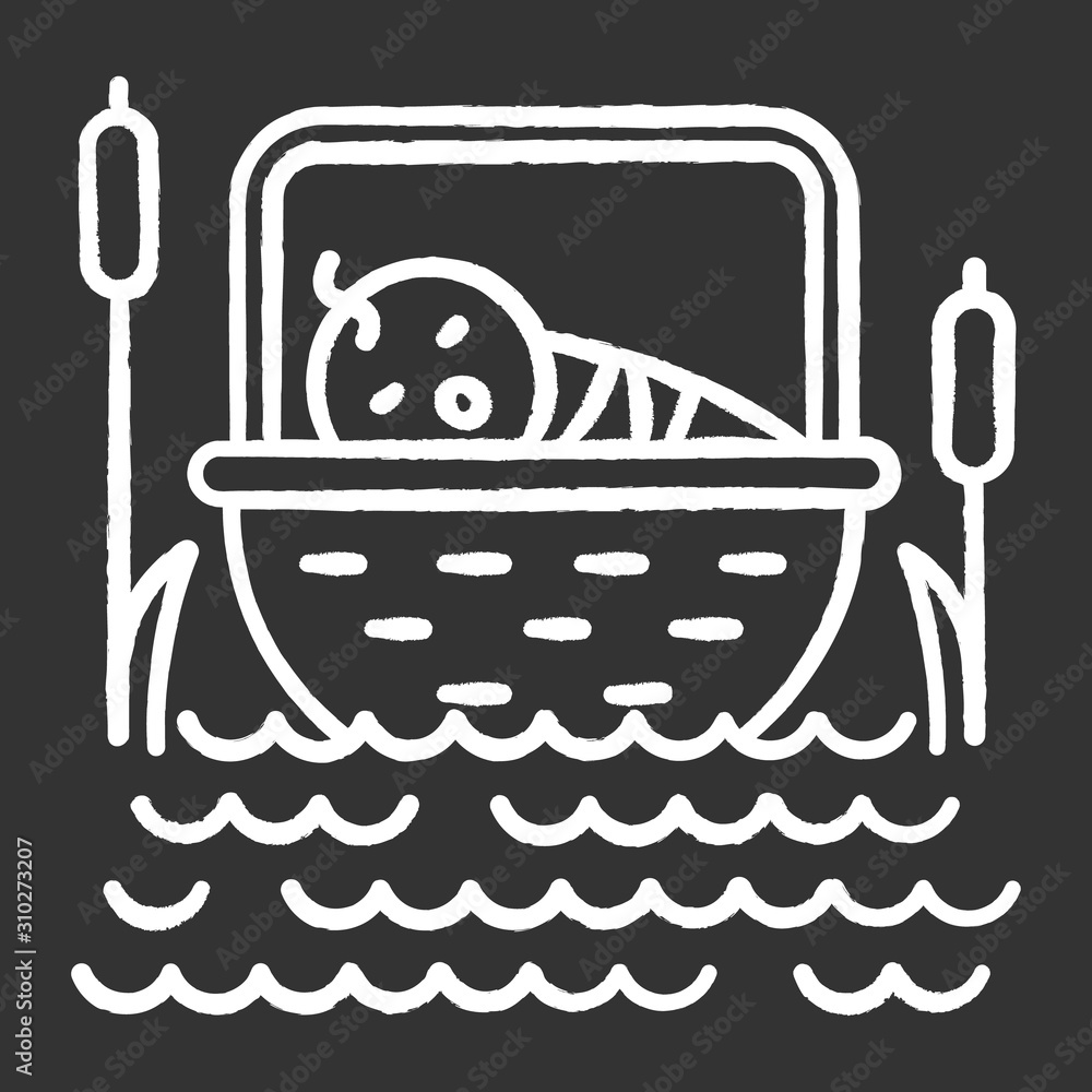 The Birth of Moses Bible story chalk icon. Newborn in basket. Hebrew