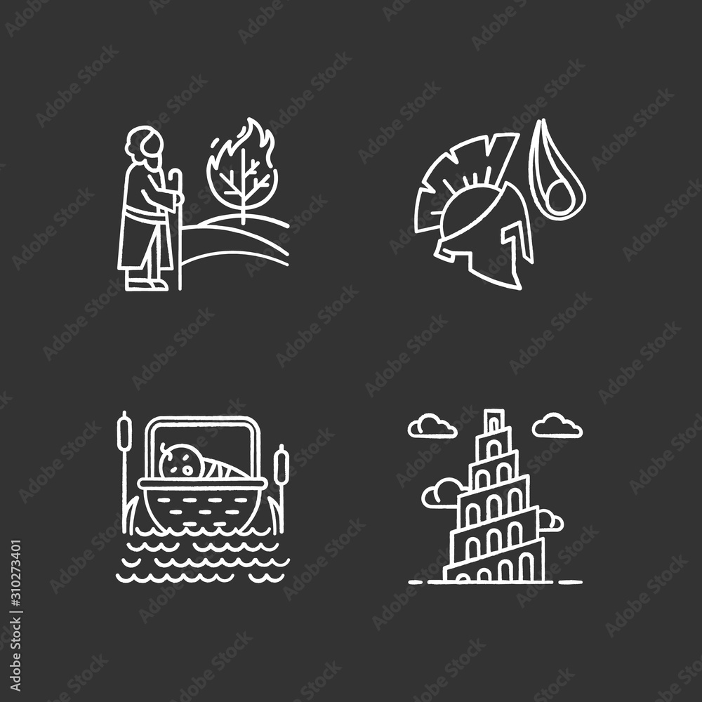 Bible narratives chalk icons set. The birth of Moses, David and Goliath, Babel tower myths. Religious legends. Christian religion. Biblical stories. Isolated vector chalkboard illustrations
