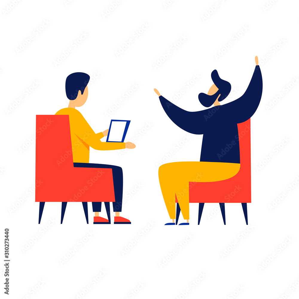 Man at the reception at the psychologist. Flat style vector illustration.