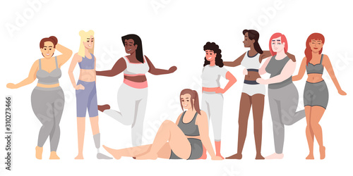 Women dressed in sportswear flat vector illustration. Body positive and feminism. Healthy lifestyle. Smiling ladies of different nationalities isolated cartoon character on white background