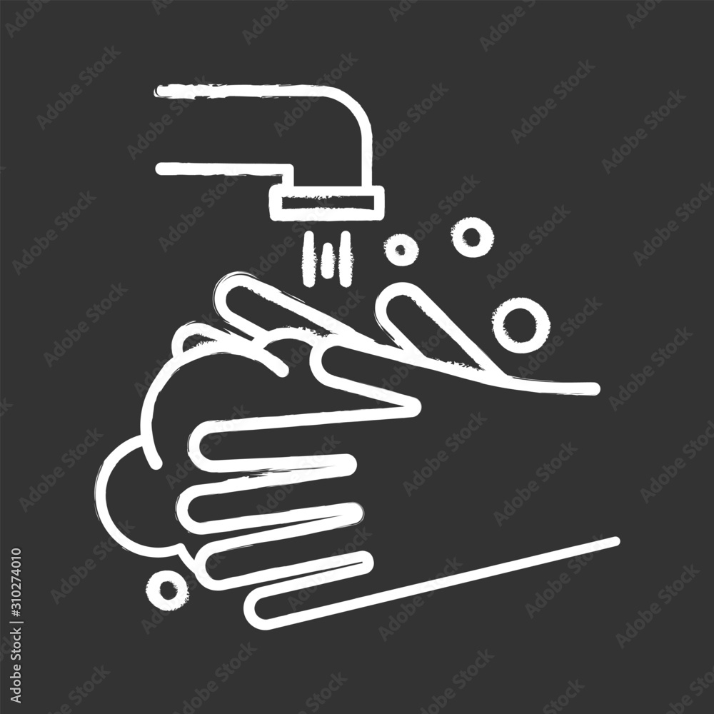 Rinse hands chalk icon. Hygiene and healthcare. Common cold precaution. Germ cleansing. Washing hand. Disinfect from flu bacteria. Washroom. Isolated vector chalkboard illustration Rinse hands chalk icon. Hygiene and healthcare. Common cold precaution. Germ cleansing. Washing hand. Disinfect from flu bacteria. Washroom. Isolated vector chalkboard illustration