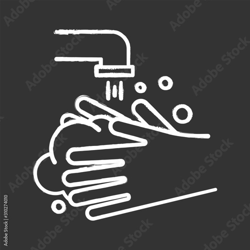 Rinse hands chalk icon. Hygiene and healthcare. Common cold precaution. Germ cleansing. Washing hand. Disinfect from flu bacteria. Washroom. Isolated vector chalkboard illustration