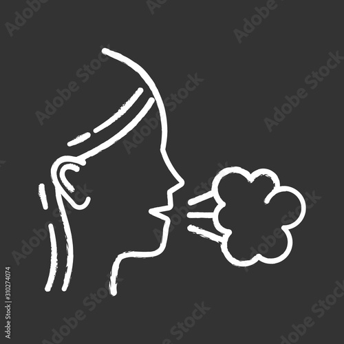 Girl cough chalk icon. Common cold. Influenza virus. Flu symptom. Grippe illness. Respiratory disease. Allergy sickness. Healthcare. Sneeze. Tuberculosis. Isolated vector chalkboard illustration