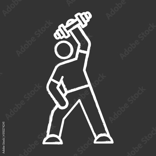 Exercise chalk icon. Man workout. Gym activity. Athlete with dumbell. Training and bodybuilding. Coach. Healthcare. Physical wellness. Person stretching. Isolated vector chalkboard illustration