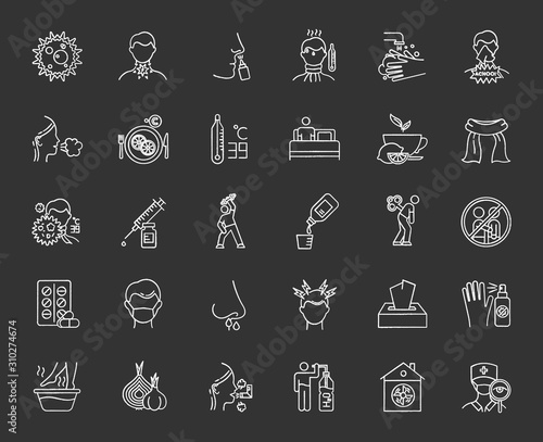 Common cold chalk icons set. Influenza virus treatment. Flu, grippe symptoms. Healthcare. Disease cure, illness aid. Cough, sore throat. Vaccination. Headache. Isolated vector chalkboard illustrations