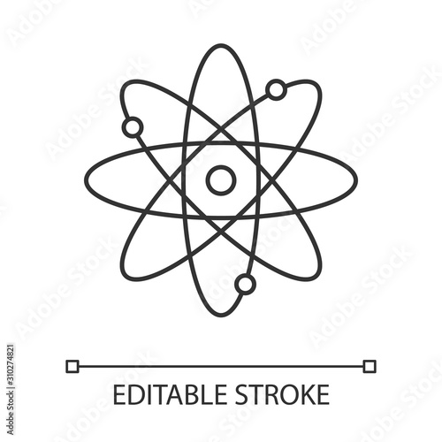 Molecule atom linear icon. Nuclear energy source. Atom core with electrons orbits. Science symbol. Thin line illustration. Contour symbol. Vector isolated outline drawing. Editable stroke © bsd studio