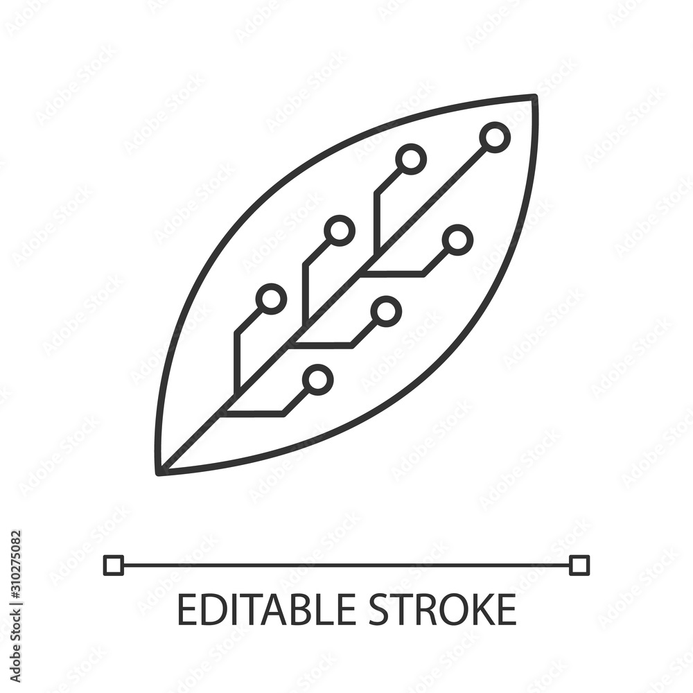 Leaf with microchip linear icon. Smart agriculture. Green information technology. Organic chemistry. Thin line illustration. Contour symbol. Vector isolated outline drawing. Editable stroke Leaf with microchip linear icon. Smart agriculture. Green information technology. Organic chemistry. Thin line illustration. Contour symbol. Vector isolated outline drawing. Editable stroke
