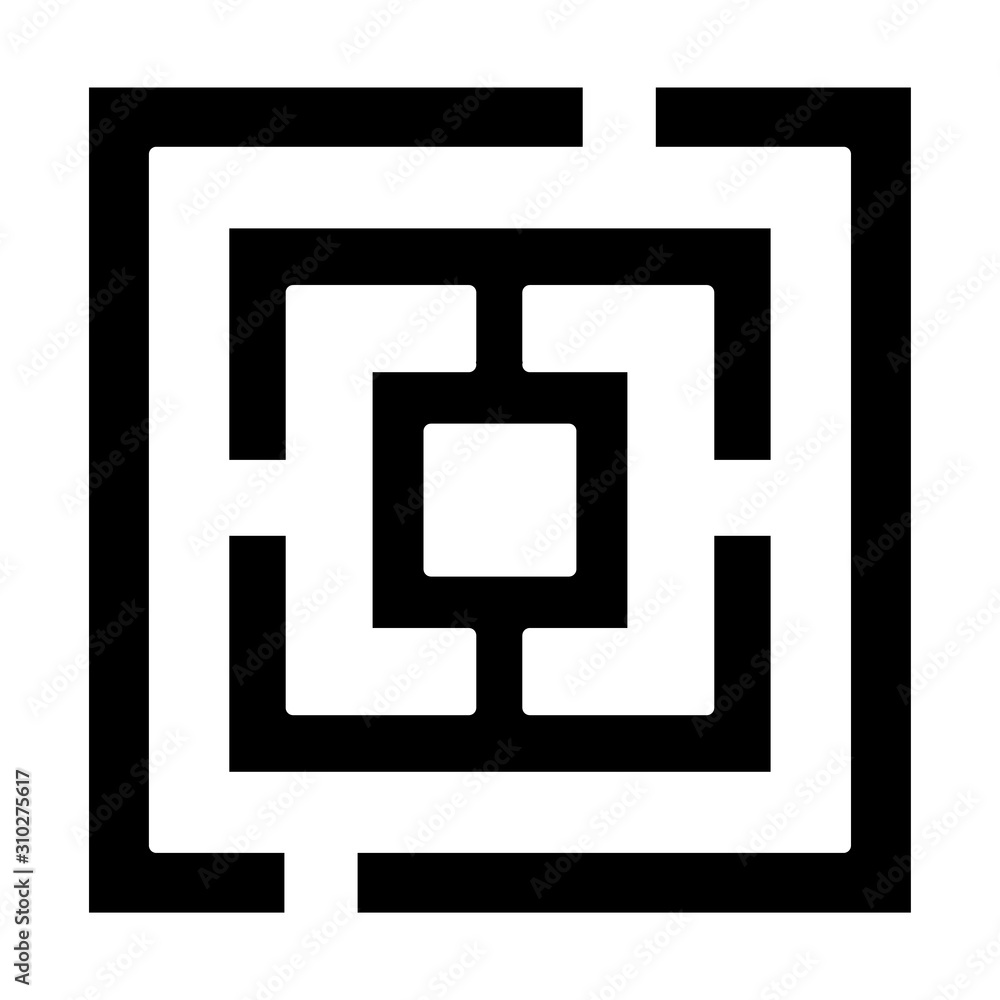 Maze puzzle glyph icon. Labyrinth. Route, pathway finding. Mental exercise, challenge. Ingenuity, intelligence test. Brain teaser. Silhouette symbol. Negative space. Vector isolated illustration Maze puzzle glyph icon. Labyrinth. Route, pathway finding. Mental exercise, challenge. Ingenuity, intelligence test. Brain teaser. Silhouette symbol. Negative space. Vector isolated illustration
