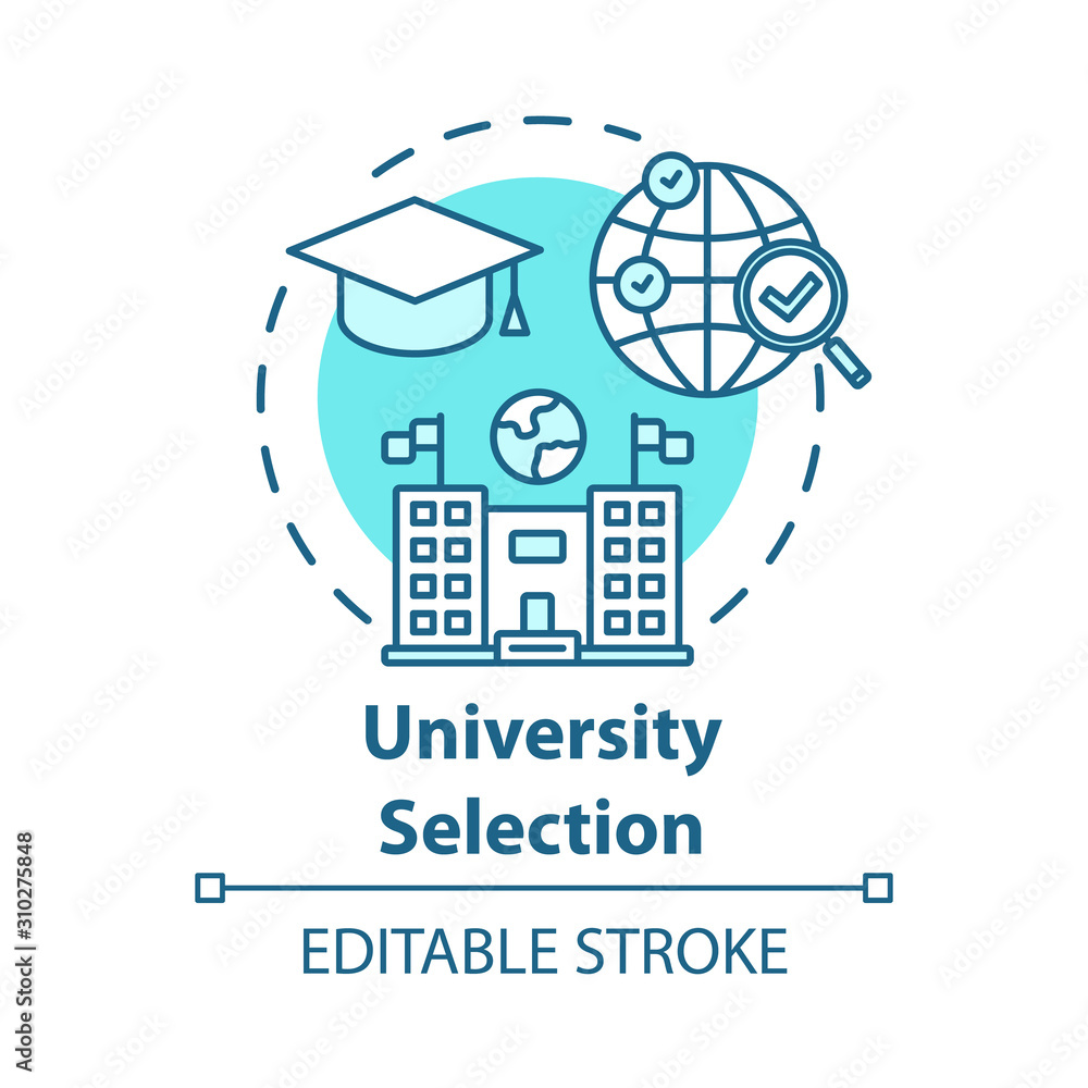 University selection concept icon. Choose college. Higher education abroad. International distance learning idea thin line illustration. Vector isolated outline drawing. Editable stroke