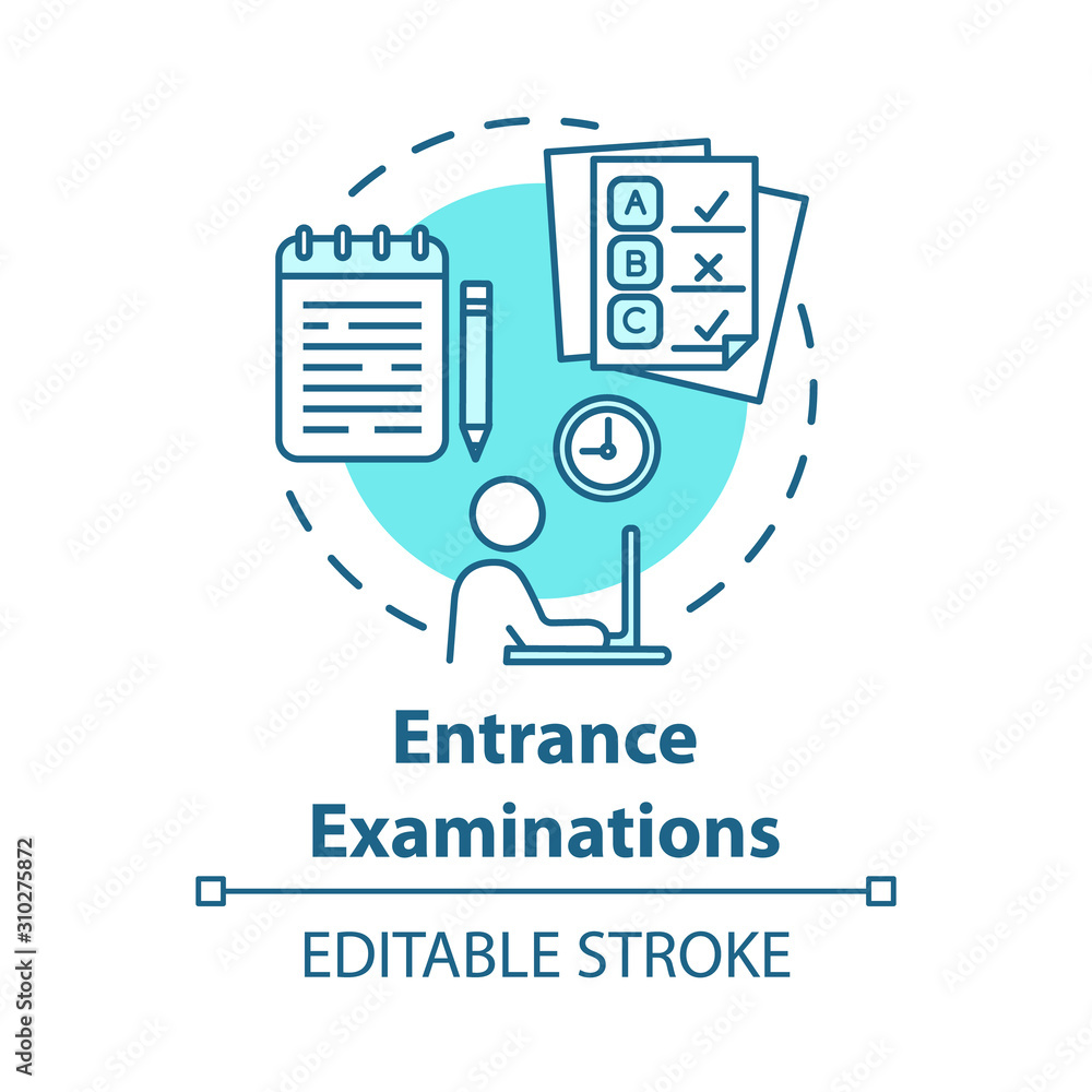 Entrance examination concept icon. Entry exam. Passing test. Fight for study place. Check knowledge and level of training idea thin line illustration. Vector isolated outline drawing. Editable stroke