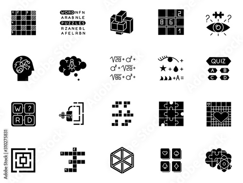 Puzzles and riddles glyph icons set. Mental exercise. Language, vocabulary, intelligence test. Brain teaser. Problem solving. Solution finding. Silhouette symbols. Vector isolated illustration