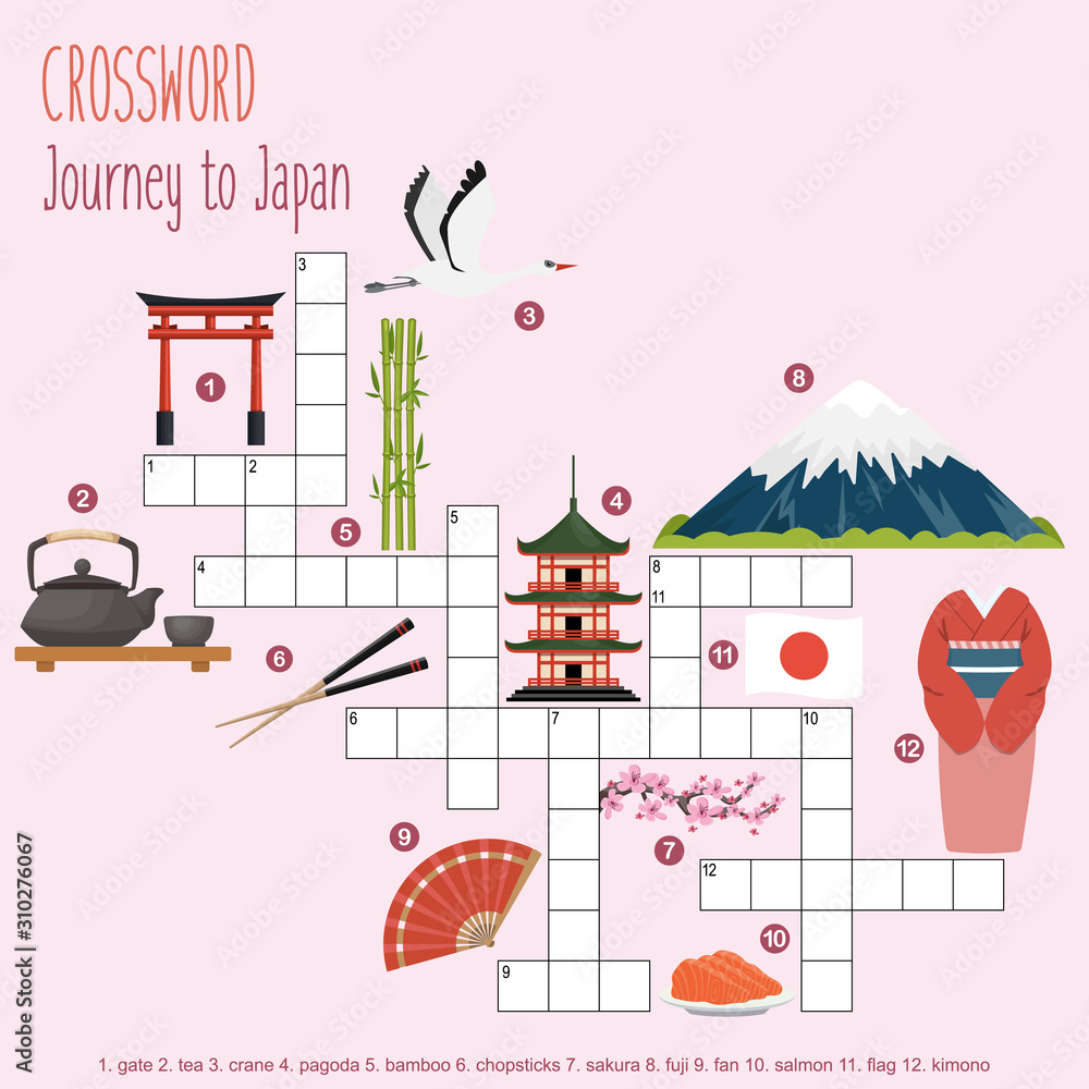 Easy crossword puzzle 'Journey to Japan', for children in elementary ...