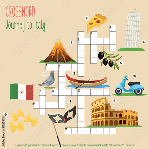 Easy crossword puzzle 'Journey to Italy', for children in elementary and middle school. Fun way to practice language comprehension and expand vocabulary. Includes answers. Vector illustration.