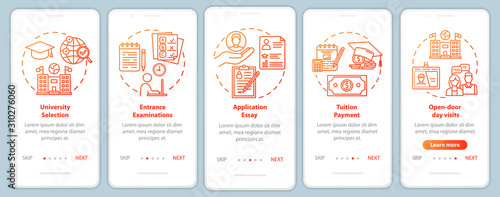 University entrance onboarding mobile app page screen vector template. Tuition payment. Essay, exam. Walkthrough website steps with linear illustrations. UX, UI, GUI smartphone interface concept