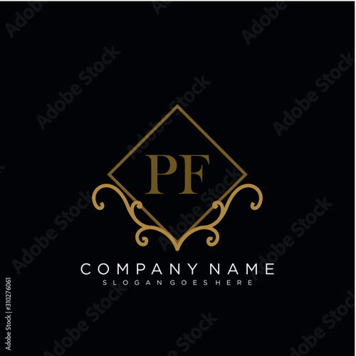 Initial letter PF logo luxury vector mark, gold color elegant classical 