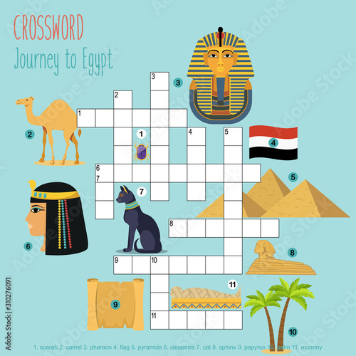 Easy crossword puzzle 'Journey to Egypt', for children in elementary and middle school. Fun way to practice language comprehension and expand vocabulary. Includes answers. Vector illustration.