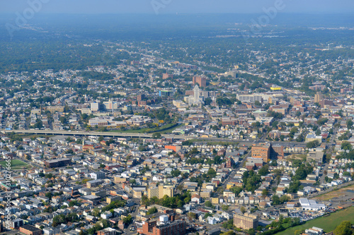 Elizabeth skyline aerial view including Superior Court of New Jersey and First Presbyterian Church, City of Elizabeth, New Jersey, NJ, USA.