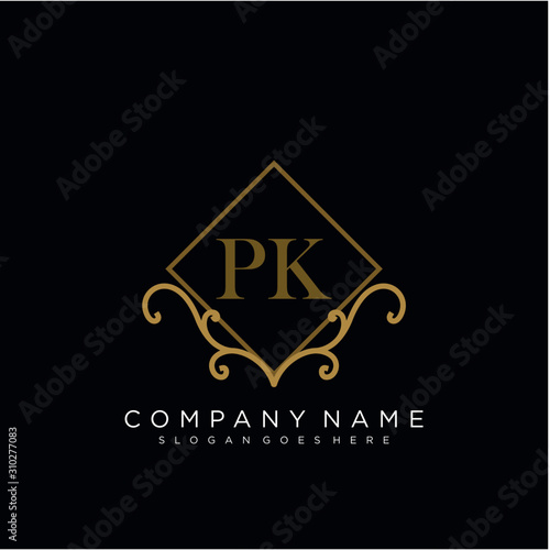 Initial letter PK logo luxury vector mark, gold color elegant classical 
