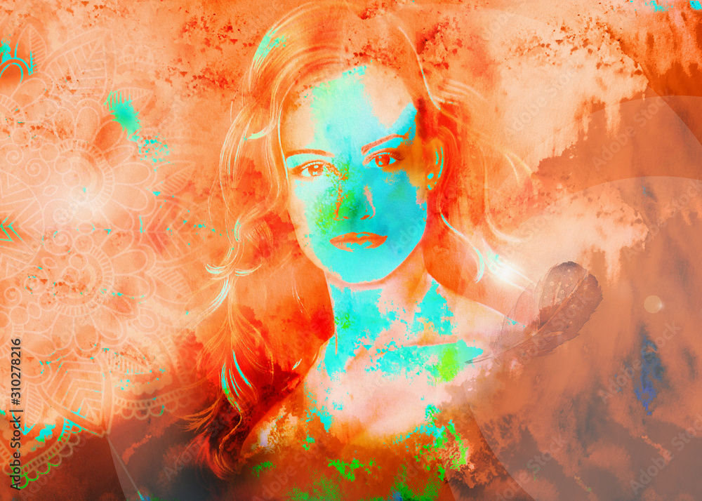 Fantasy portrait of a turquoise woman face on orange background with fantastic texture suggestions. Montage Digital art.