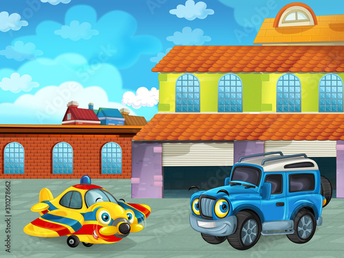 cartoon scene with car vehicle on the road near the garage or repair station with plane - illustration for children