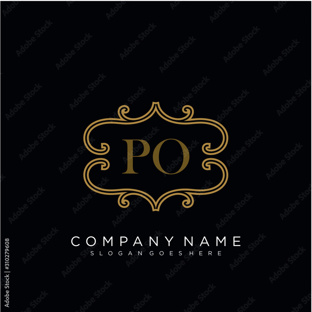 Initial letter PO logo luxury vector mark, gold color elegant classical 