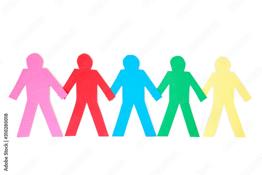 Row of multi-coloured paper cut out figures over white background