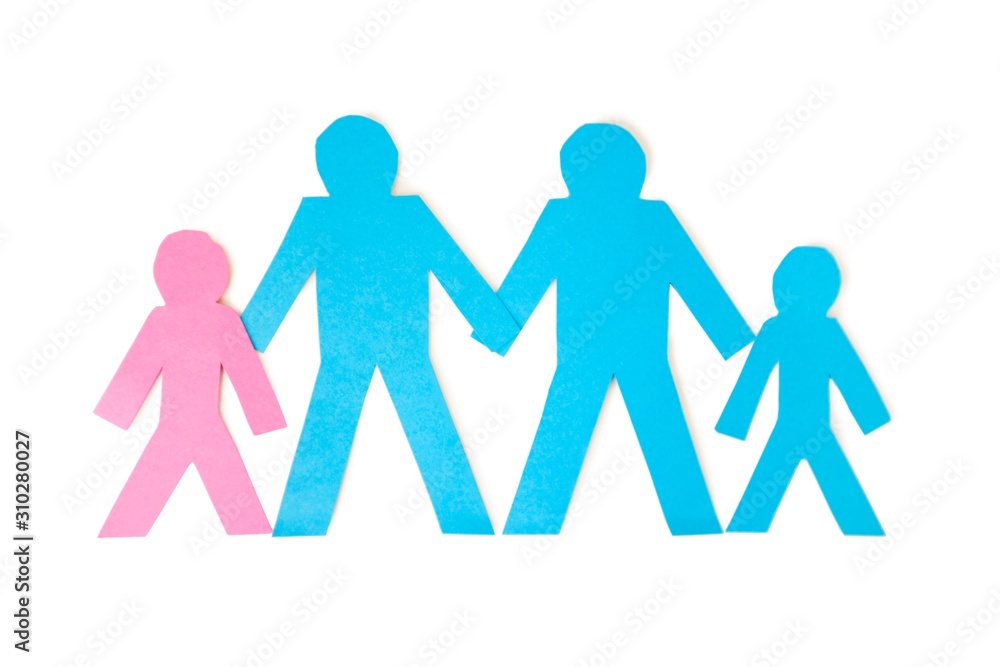 Paper cut outs representing a family of four over white background