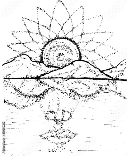 Illustration of a meditative face with an ornamental moon background.