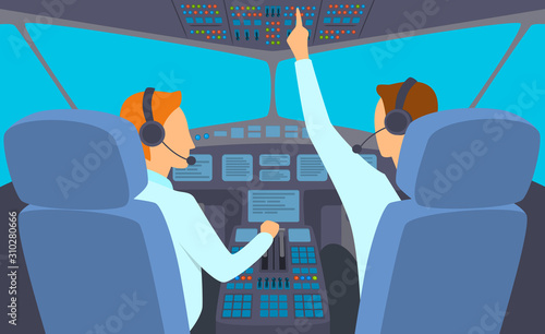 Cartoon Color Characters People and Airplane Cockpit Interior Inside Concept. Vector